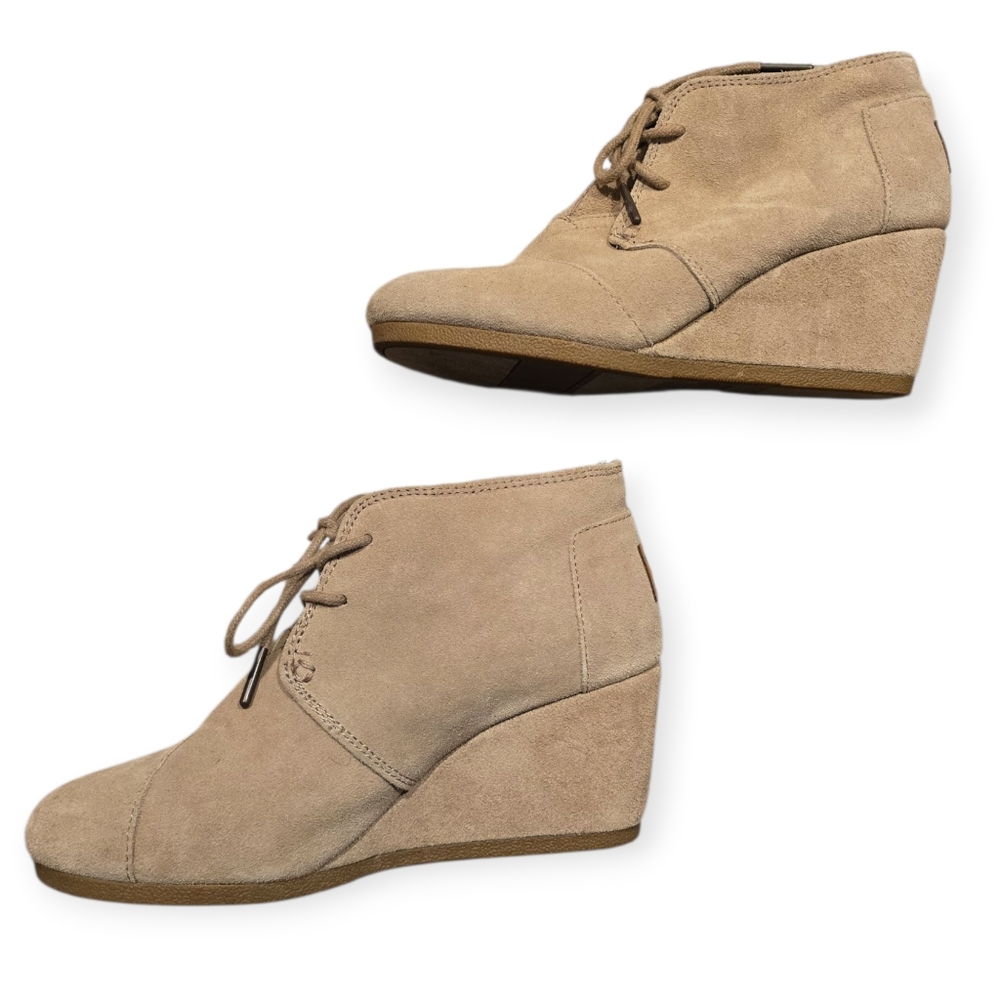 Toms Tan Leather Suede Wedge Booties Size 7 - Picture 2 of 9